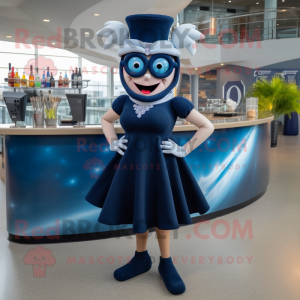 Navy Cyclops mascot costume character dressed with a Cocktail Dress and Headbands