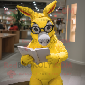 Lemon Yellow Donkey mascot costume character dressed with a Sweatshirt and Reading glasses