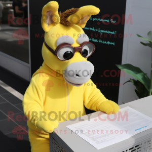Lemon Yellow Donkey mascot costume character dressed with a Sweatshirt and Reading glasses