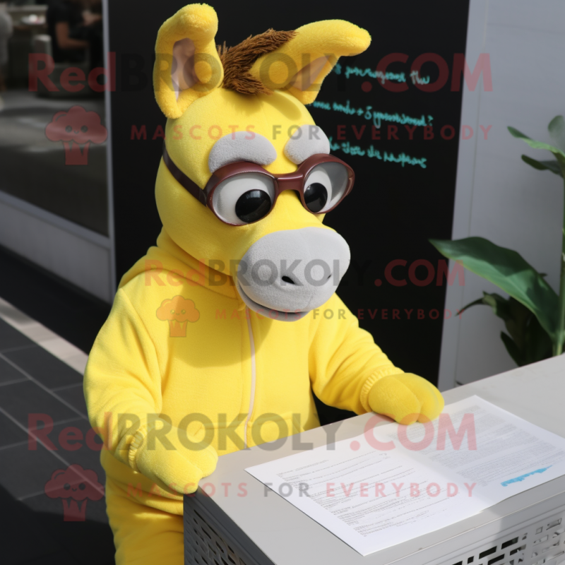 Lemon Yellow Donkey mascot costume character dressed with a Sweatshirt and Reading glasses Lemon Yellow Donkey mascot costume character dressed with a Sweatshirt and Reading glasses