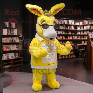 Lemon Yellow Donkey mascot costume character dressed with a Sweatshirt and Reading glasses