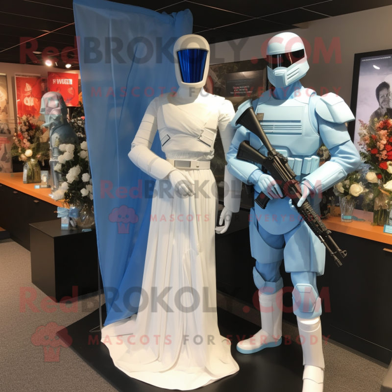 Sky Blue Gi Joe mascot costume character dressed with a Wedding Dress and Wraps