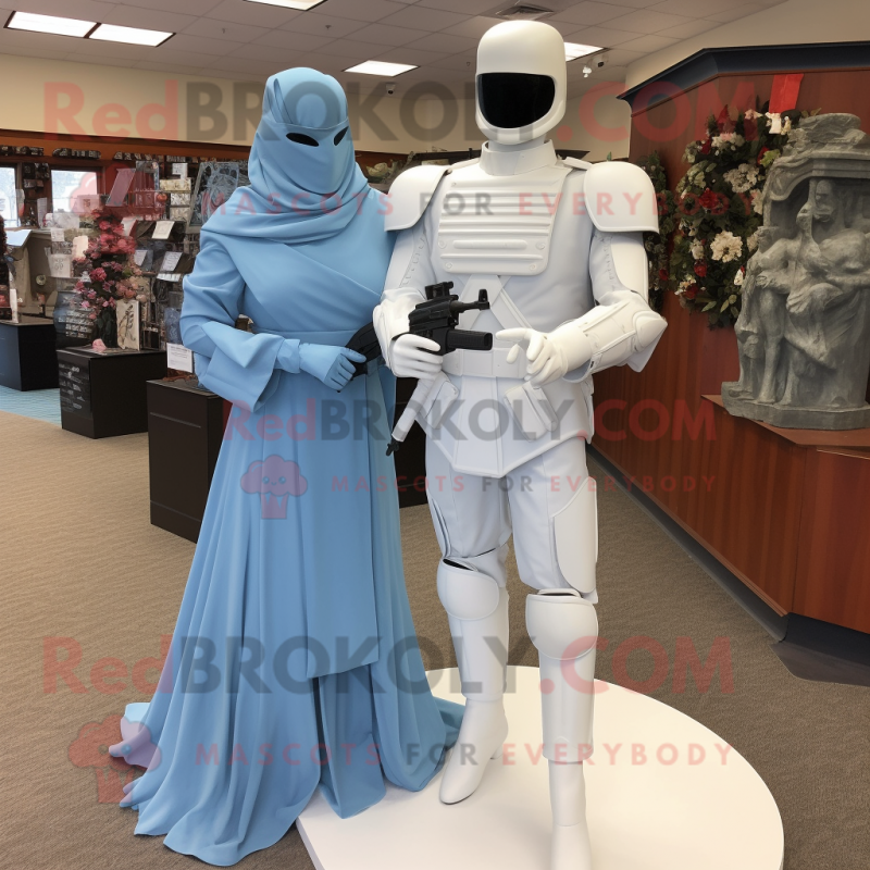 Sky Blue Gi Joe mascot costume character dressed with a Wedding Dress and Wraps Sky Blue Gi Joe mascot costume character dressed with a Wedding Dress and Wraps