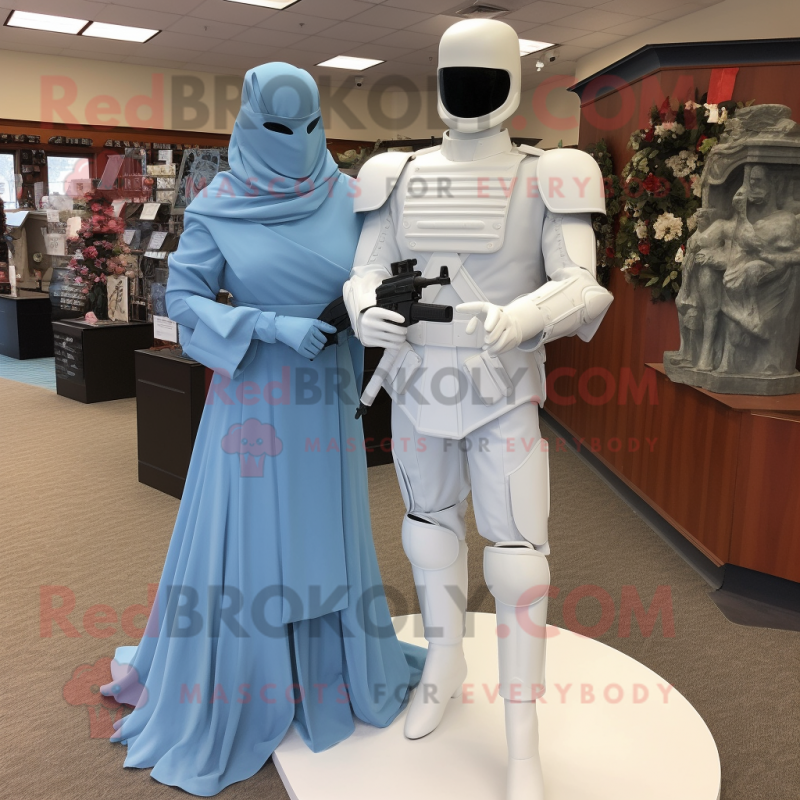 Sky Blue Gi Joe mascot costume character dressed with a Wedding Dress and Wraps