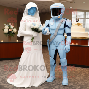 Sky Blue Gi Joe mascot costume character dressed with a Wedding Dress and Wraps