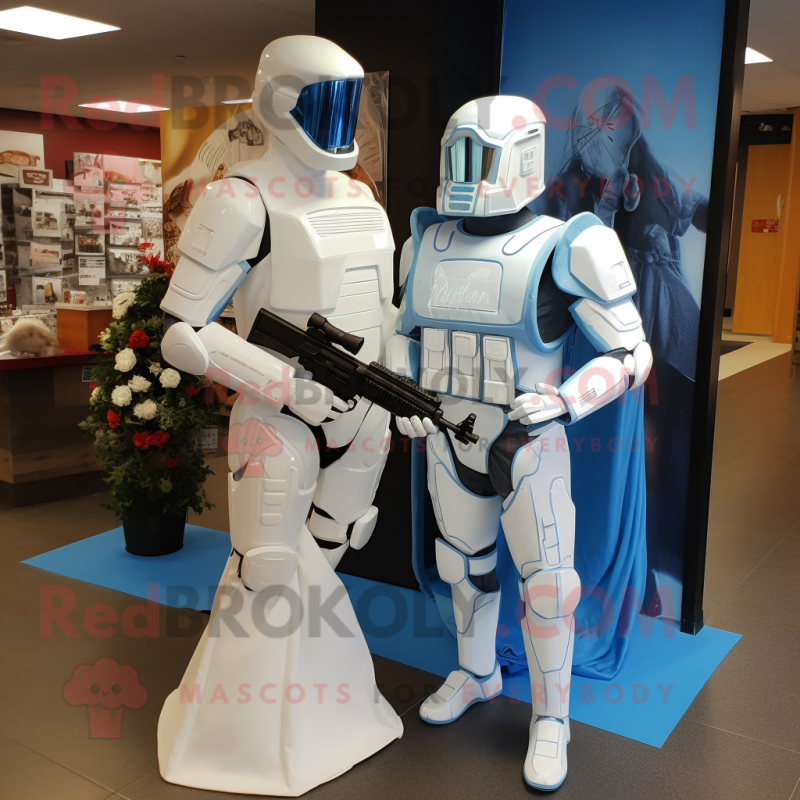 Sky Blue Gi Joe mascot costume character dressed with a Wedding Dress and Wraps Sky Blue Gi Joe mascot costume character dressed with a Wedding Dress and Wraps