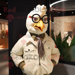 Cream Roosters mascot costume character dressed with a Bomber Jacket and Eyeglasses