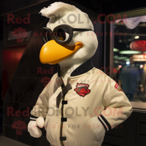 Cream Roosters mascot costume character dressed with a Bomber Jacket and Eyeglasses