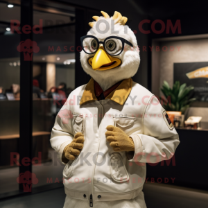 Cream Roosters mascot costume character dressed with a Bomber Jacket and Eyeglasses