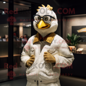 Cream Roosters mascot costume character dressed with a Bomber Jacket and Eyeglasses