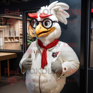 Cream Roosters mascot costume character dressed with a Bomber Jacket and Eyeglasses