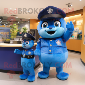 Blue Police Officer mascot costume character dressed with a V-Neck Tee and Cummerbunds