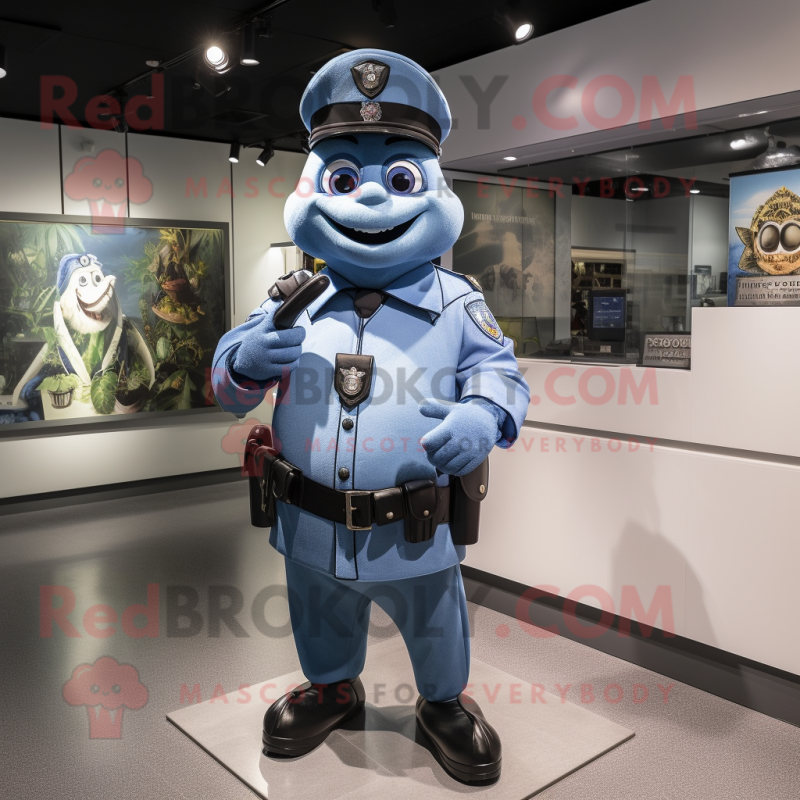 Blue Police Officer mascot costume character dressed with a V-Neck Tee and Cummerbunds