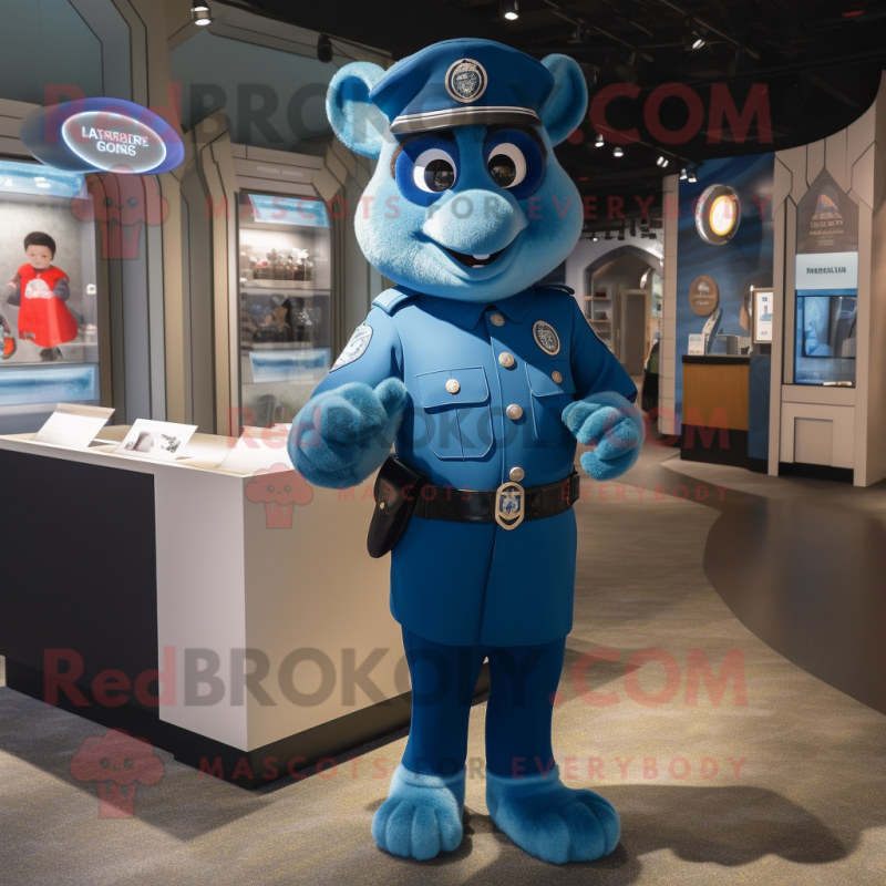 Blue Police Officer mascot costume character dressed with a V-Neck Tee and Cummerbunds