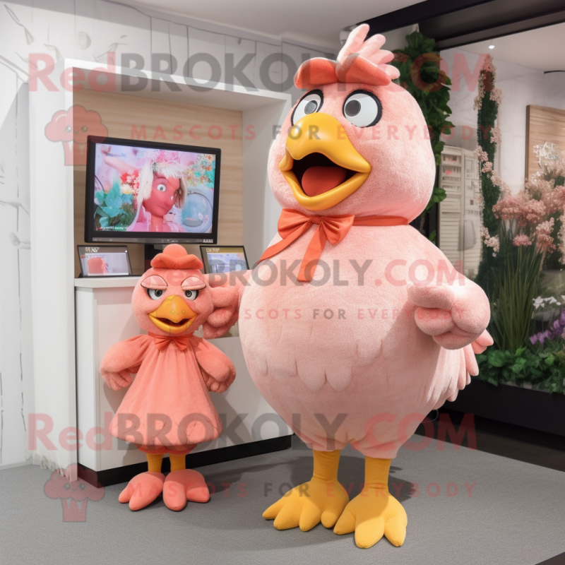 Peach Rooster mascot costume character dressed with a Midi Dress and Keychains Peach Rooster mascot costume character dressed with a Midi Dress and Keychains