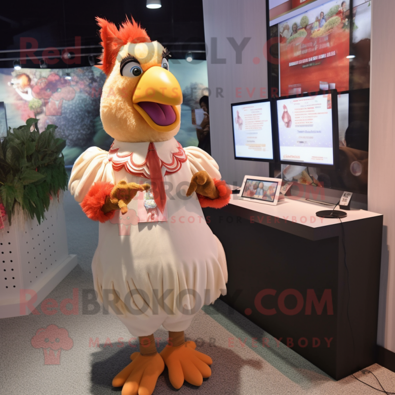 Peach Rooster mascot costume character dressed with a Midi Dress and Keychains