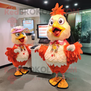 Peach Rooster mascot costume character dressed with a Midi Dress and Keychains