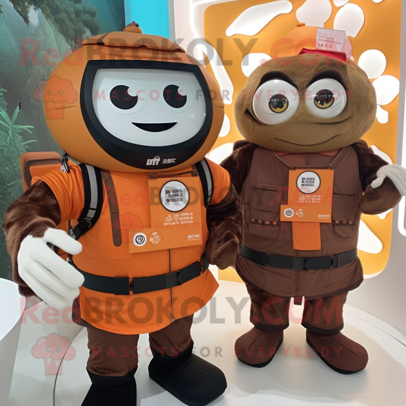 Brown Mandarin mascot costume character dressed with a Vest and Smartwatches