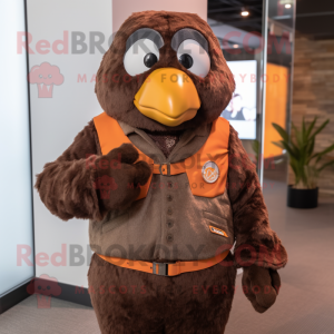 Brown Mandarin mascot costume character dressed with a Vest and Smartwatches