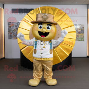 Gold Plate Spinner mascot costume character dressed with a Vest and Headbands