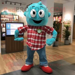 Turquoise Pepper mascot costume character dressed with a Flannel Shirt and Smartwatches