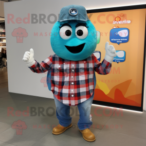Turquoise Pepper mascot costume character dressed with a Flannel Shirt and Smartwatches