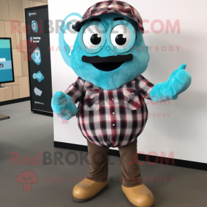 Turquoise Pepper mascot costume character dressed with a Flannel Shirt and Smartwatches