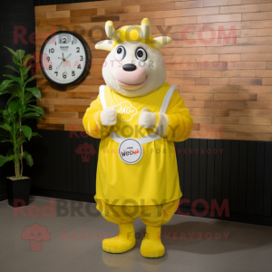 Lemon Yellow Beef Wellington mascot costume character dressed with a Maxi Dress and Bracelet watches