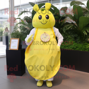 Lemon Yellow Beef Wellington mascot costume character dressed with a Maxi Dress and Bracelet watches