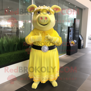 Lemon Yellow Beef Wellington mascot costume character dressed with a Maxi Dress and Bracelet watches