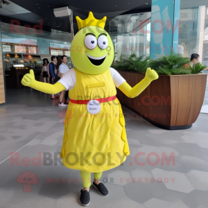Lemon Yellow Beef Wellington mascot costume character dressed with a Maxi Dress and Bracelet watches