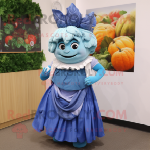 Blue Cabbage mascot costume character dressed with a Wrap Skirt and Belts