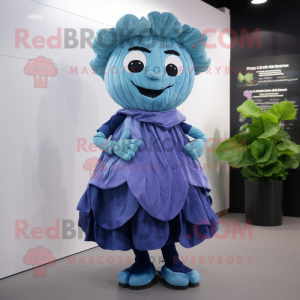 Blue Cabbage mascot costume character dressed with a Wrap Skirt and Belts