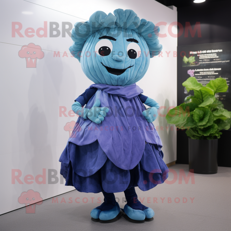 Blue Cabbage mascot costume character dressed with a Wrap Skirt and Belts