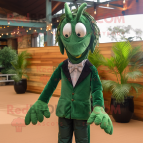 Forest Green Shrimp Scampi mascot costume character dressed with a Suit Jacket and Pocket squares