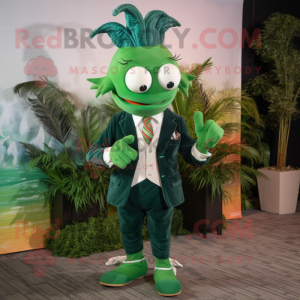 Forest Green Shrimp Scampi mascot costume character dressed with a Suit Jacket and Pocket squares