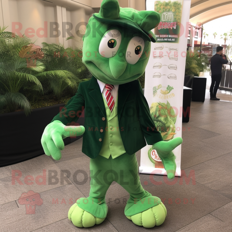 Forest Green Shrimp Scampi mascot costume character dressed with a Suit Jacket and Pocket squares