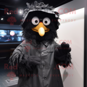 Black Fried Chicken mascot costume character dressed with a Raincoat and Eyeglasses