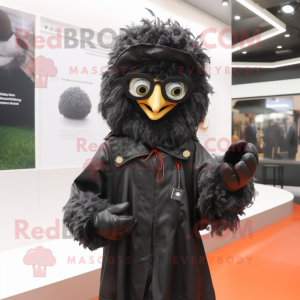 Black Fried Chicken mascot costume character dressed with a Raincoat and Eyeglasses