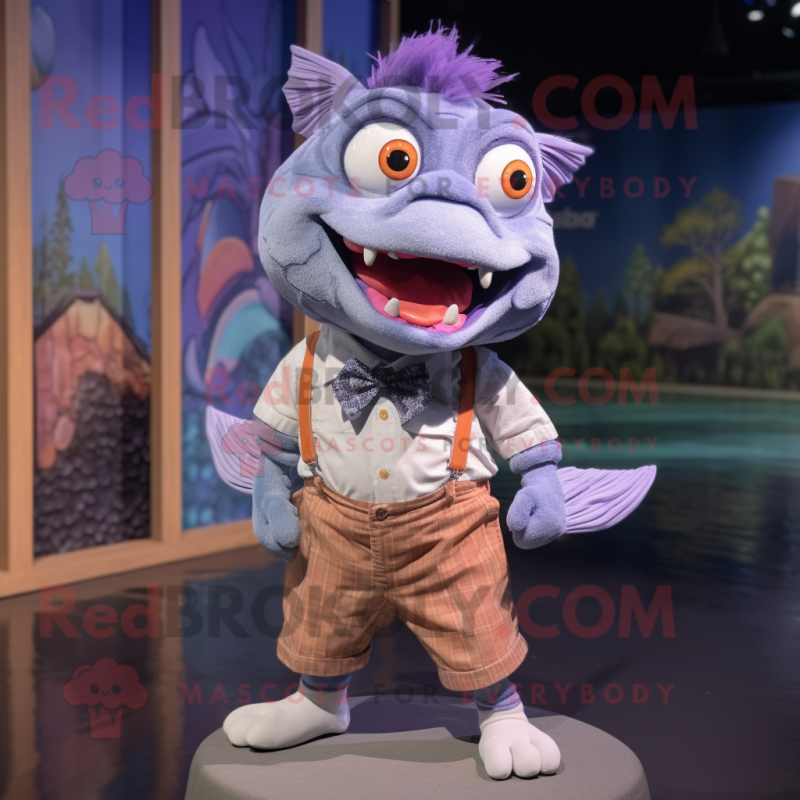 Lavender Piranha mascot costume character dressed with a Denim Shorts and Bow ties