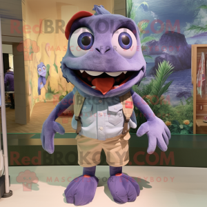 Lavender Piranha mascot costume character dressed with a Denim Shorts and Bow ties