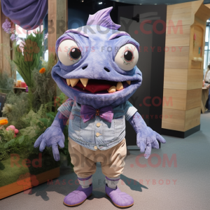 Lavender Piranha mascot costume character dressed with a Denim Shorts and Bow ties