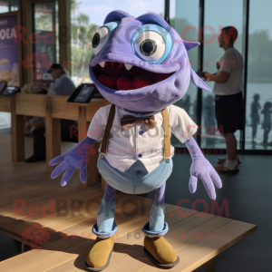 Lavender Piranha mascot costume character dressed with a Denim Shorts and Bow ties