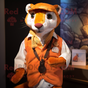 Orange Weasel mascot costume character dressed with a Oxford Shirt and Shawl pins