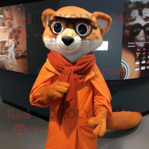 Orange Weasel mascot costume character dressed with a Oxford Shirt and Shawl pins