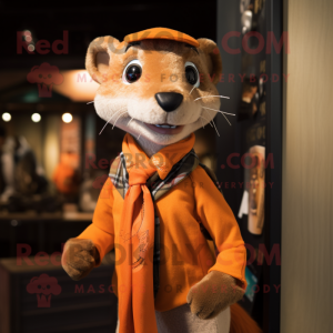Orange Weasel mascot costume character dressed with a Oxford Shirt and Shawl pins