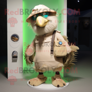 Beige Kiwi mascot costume character dressed with a Bermuda Shorts and Brooches