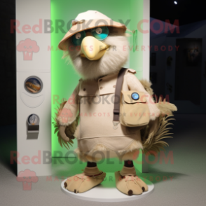 Beige Kiwi mascot costume character dressed with a Bermuda Shorts and Brooches