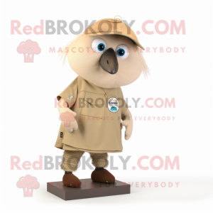 Beige Kiwi mascot costume character dressed with a Bermuda Shorts and Brooches