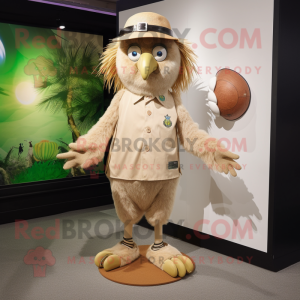 Beige Kiwi mascot costume character dressed with a Bermuda Shorts and Brooches